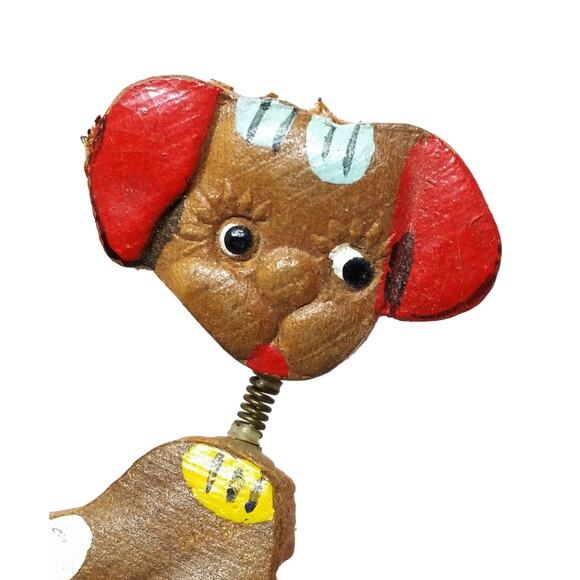 Vintage Bobble Head Dog Brooch Trembler Puppy Pin Hand Painted Wooden Figural - Picture 3 of 8